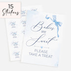 blue bow theme babies are sweet please take a treat baby shower favour sign with one sheet of 15 matching 51mm 'Ready to Pop' stickers on white background