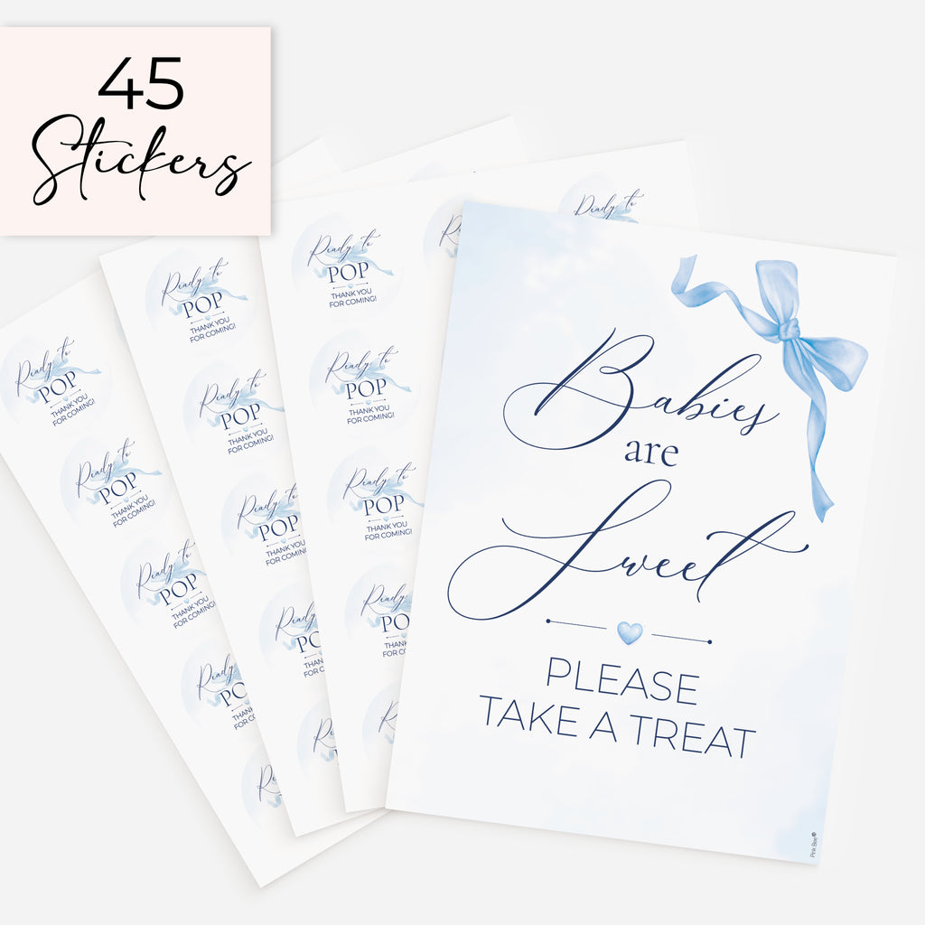 blue bow theme babies are sweet please take a treat baby shower favour sign with three sheets of 15 matching 51mm 'Ready to Pop'  stickers on white background