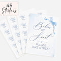 blue bow theme babies are sweet please take a treat baby shower favour sign with three sheets of 15 matching 51mm 'Ready to Pop'  stickers on white background