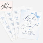 blue bow theme babies are sweet please take a treat baby shower favour sign with three sheets of 15 matching 51mm 'Ready to Pop'  stickers on white background