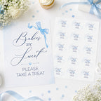 Flat lay of Blue Bow baby shower favour sign which reads 'Babies are Sweet please take a treat and 51mm Ready to Pop stickers.