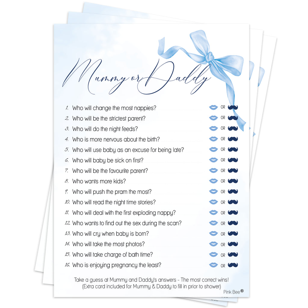 Baby Shower Game Mummy or Daddy in Pretty Blue Bow Theme