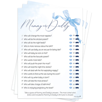 Baby Shower Game Mummy or Daddy in Pretty Blue Bow Theme