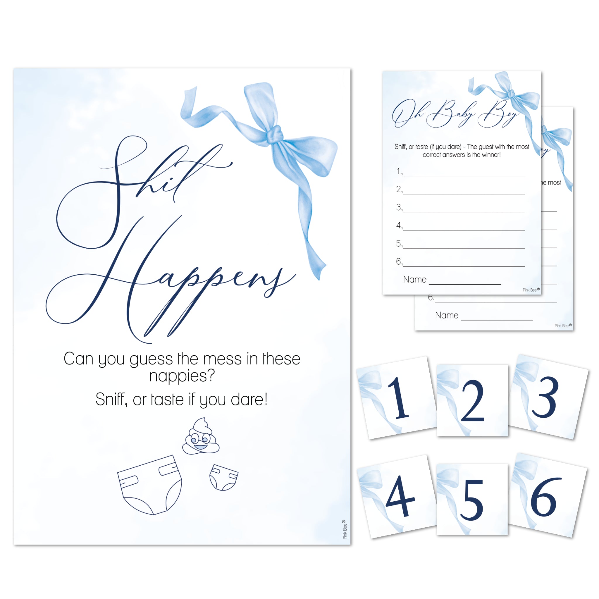 Baby Shower Game - Shit Happens! in Pretty Blue Bow Theme