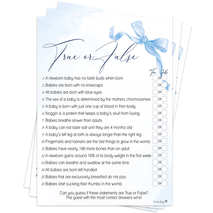 Baby Shower Game True or False in Pretty Blue Bow Theme