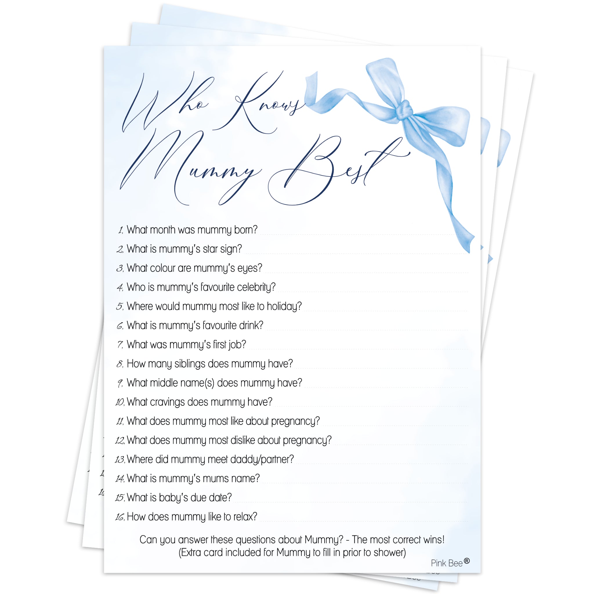Baby Shower Game Who Knows Mummy Best in Blue Bow Theme