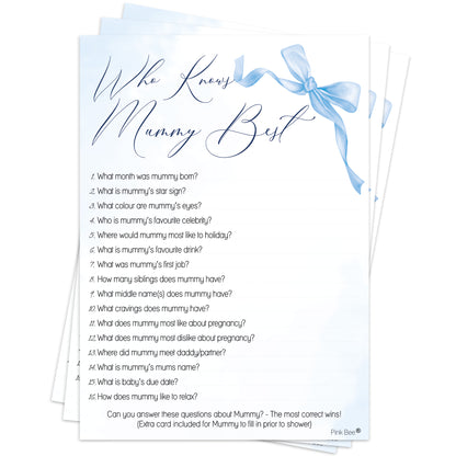 Baby Shower Game Who Knows Mummy Best in Blue Bow Theme