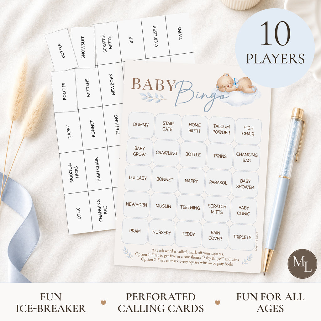 Baby Bingo party game set with a central bingo card, matching caller cards, a light blue pen, and a round badge reading '10 PLAYERS' on a styled flat-lay background.