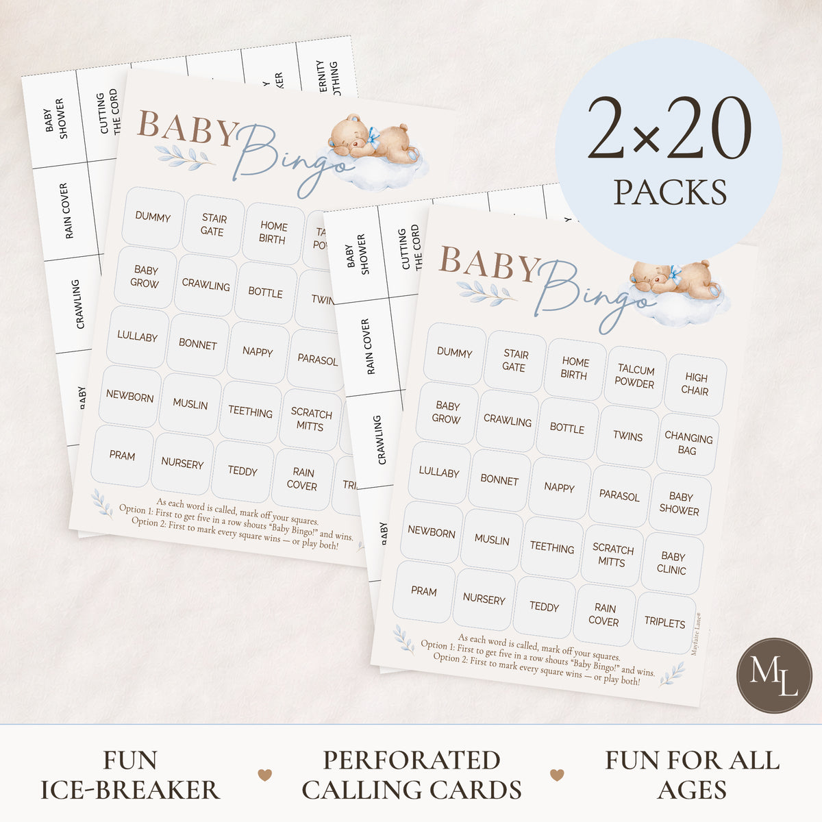 Three printed Baby Bingo cards shown on a light beige background with a large circular callout reading '2x20 packs' and text below describing uses like ice-breakers and calling cards. The cards are mostly white with soft blue and lavender accents and small teddy bear illustrations.