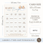 Blue teddy bear baby shower bingo game cards measuring 12.5 × 17.5 cm with perforated calling cards showing a cream-colored square card with rounded corners, blue decorative text, and baby-themed square callouts such as Dummy Gate, Stair Gate, Home Birth, and Twins. The image includes measurements in millimeters and inches, plus text noting premium uncoated paper and easy writing on.