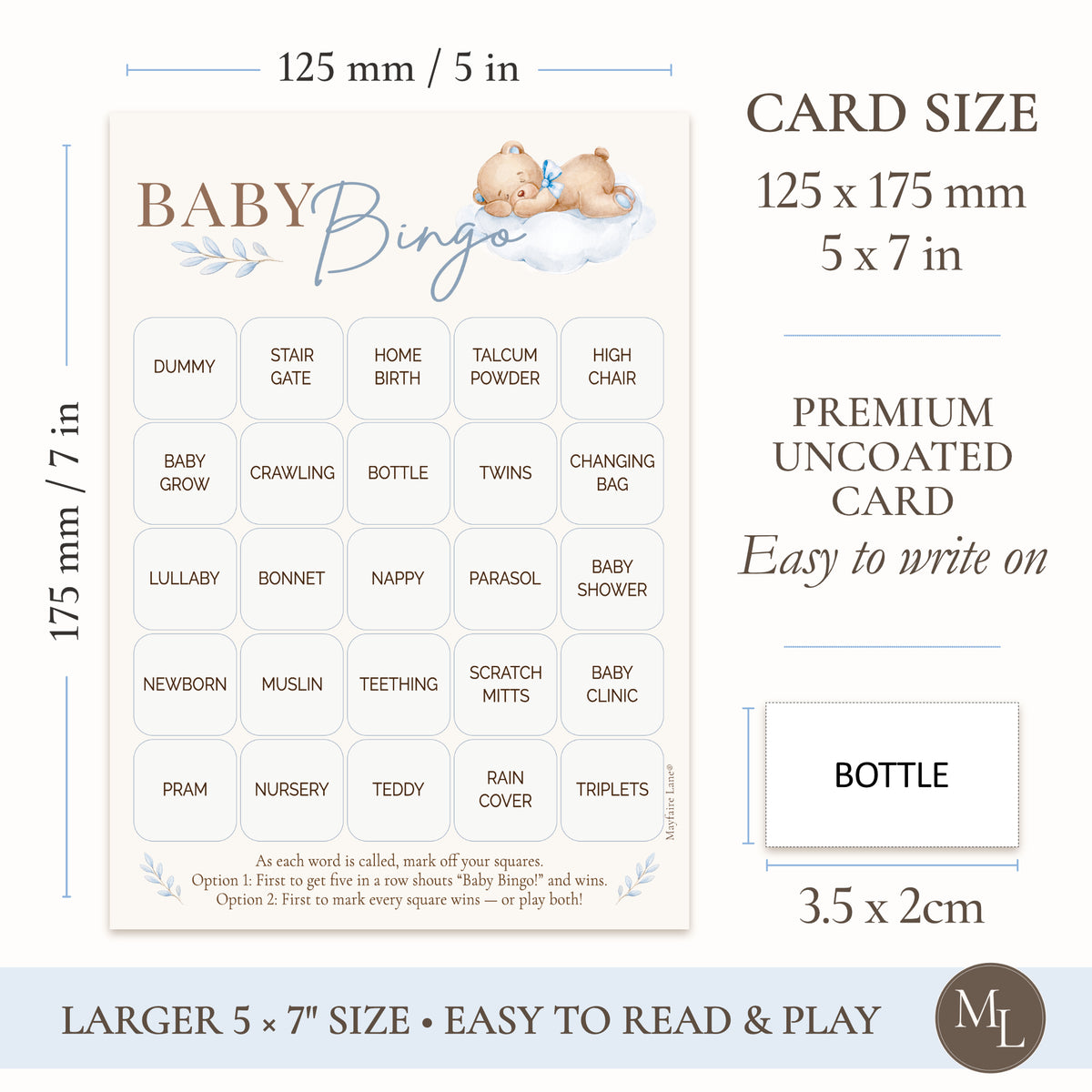 Blue teddy bear baby shower bingo game cards measuring 12.5 × 17.5 cm with perforated calling cards showing a cream-colored square card with rounded corners, blue decorative text, and baby-themed square callouts such as Dummy Gate, Stair Gate, Home Birth, and Twins. The image includes measurements in millimeters and inches, plus text noting premium uncoated paper and easy writing on.