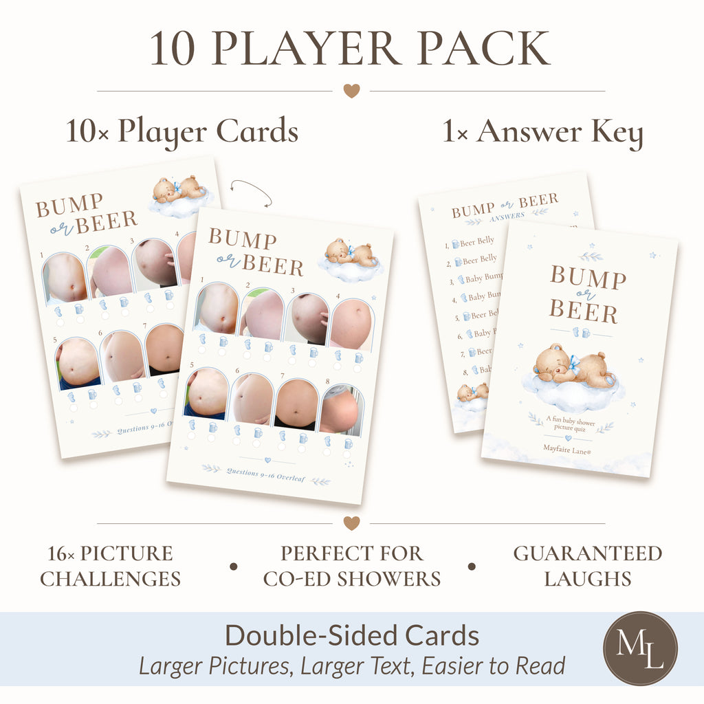 Promotional graphic for a 'Bump or Beer' 10-player card game set, showing three sample cards, an answer key, and text highlighting 10 player cards, 16 picture challenges, double-sided cards, and a double-L logo.