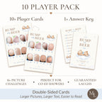 Promotional graphic for a 'Bump or Beer' 10-player card game set, showing three sample cards, an answer key, and text highlighting 10 player cards, 16 picture challenges, double-sided cards, and a double-L logo.