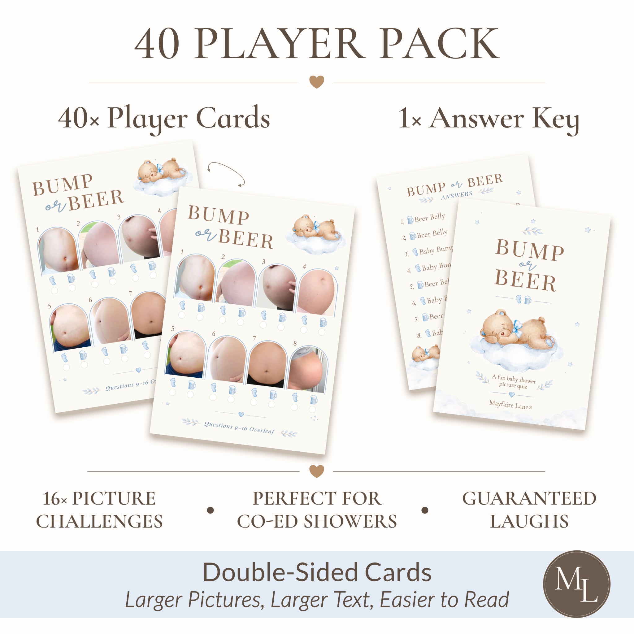 Promotional graphic for a 'Bump or Beer' 40-player card game set, showing three sample cards, an answer key, and text highlighting 40 player cards, 16 picture challenges, double-sided cards, and a double-L logo.