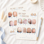 Blue Teddy Bear Bump or Beer double-sided baby shower picture quiz cards displayed on a neutral flat lay with blue ribbon and luxury pen.