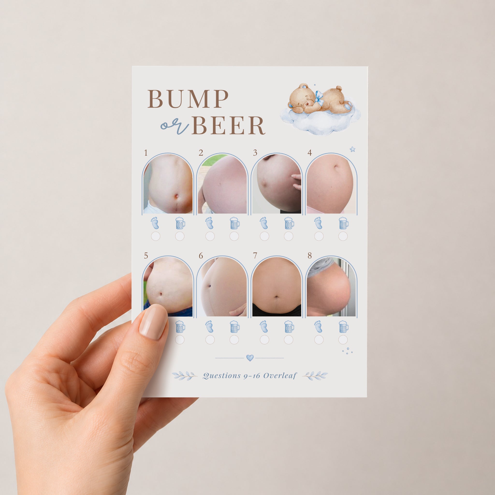 Close-up of the Blue Teddy Bear Bump or Beer baby shower picture quiz card showing premium A6 size, large photographs and easy-to-read layout.