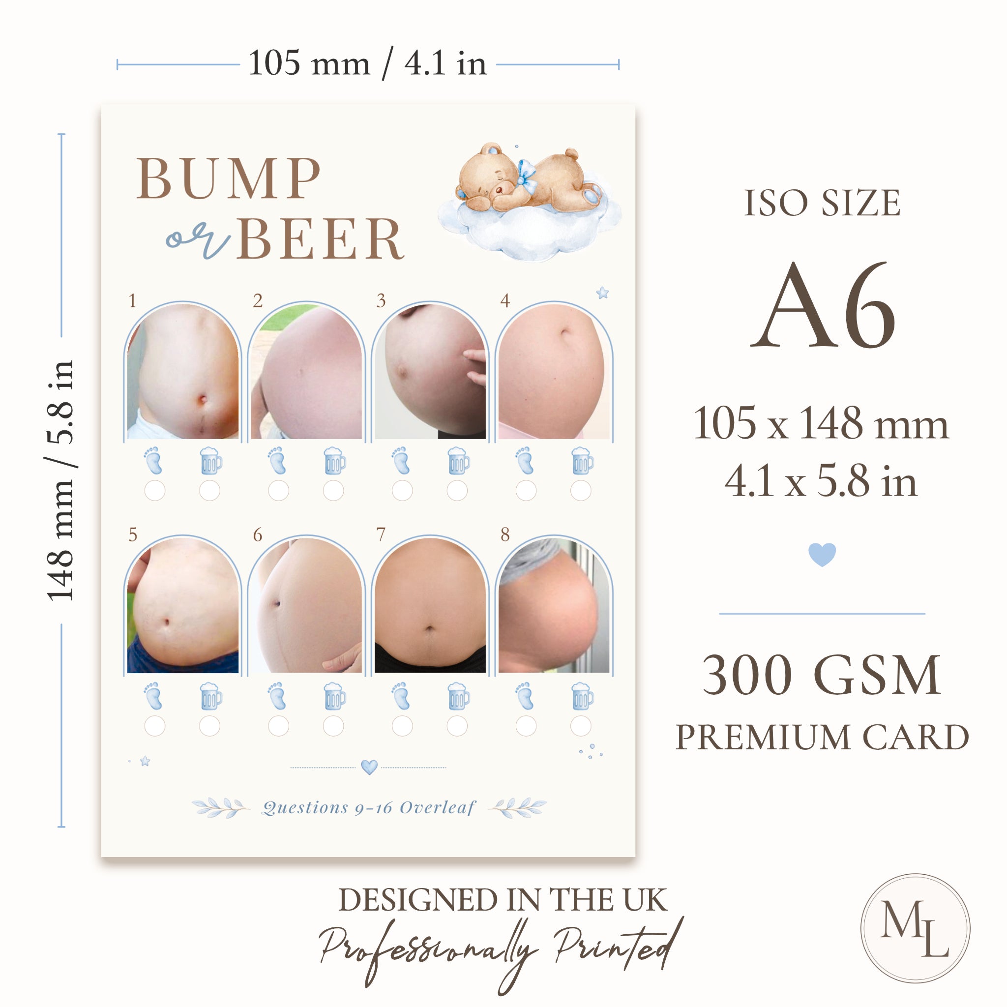 Blue Teddy Bear Bump or Beer baby shower game size guide showing ISO A6 dimensions, premium 300 GSM uncoated card and UK design.