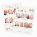 Front and reverse of the Blue Teddy Bear Bump or Beer double-sided baby shower picture quiz card showing all 16 photo challenges with larger text and images.