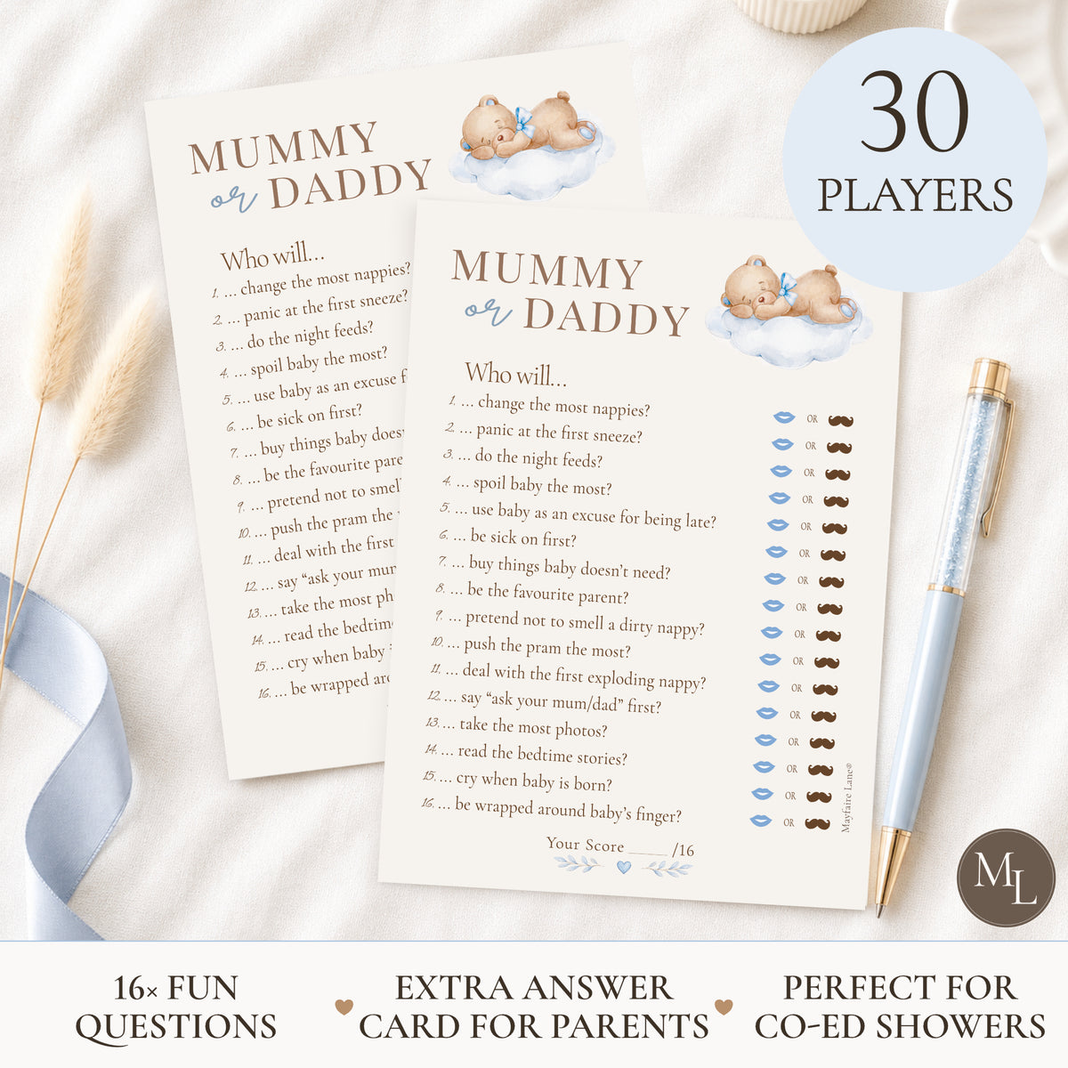 Printed 'Mummy or Daddy' party game cards shown on a styled flat-lay with a blue ribbon, gold pen, and a '30 PLAYERS' badge. The cards feature playful text prompts, a scoring section, and cute illustrations of teddy bears.