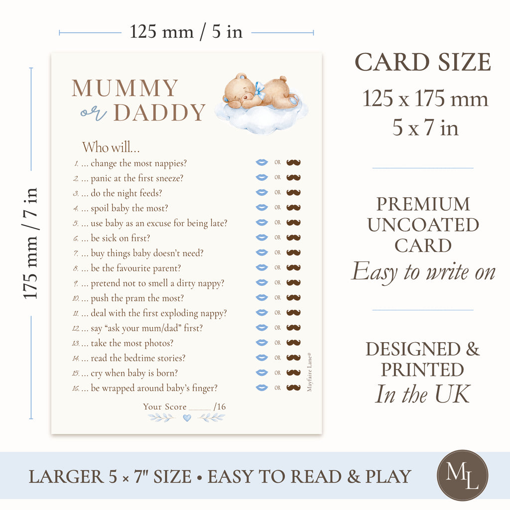 A baby quiz card titled 'Mummy Daddy' shown on a white background with size annotations stating card size is 175mm x 125mm or 5x7" The card is cream-colored with blue text and illustrations of teddy bears on a cloud.