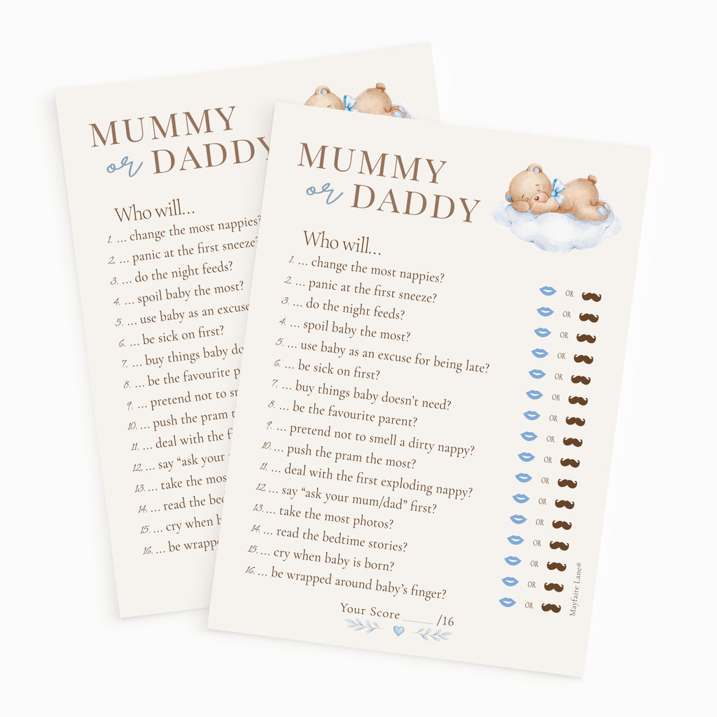 Two printed baby shower game cards titled "MUMMY OR DADDY" shown on a white background. The cards feature playful text prompts, a score line, and small illustrations of a mother and baby on a cloud, along with blue mustache icons.