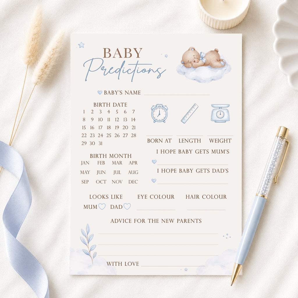Blue Teddy Bear Baby Shower Prediction Card on cream fabric with blue ribbon and luxury pen, A6 baby boy keepsake game.