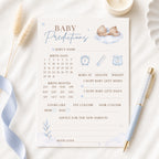 Blue Teddy Bear Baby Shower Prediction Card on cream fabric with blue ribbon and luxury pen, A6 baby boy keepsake game.