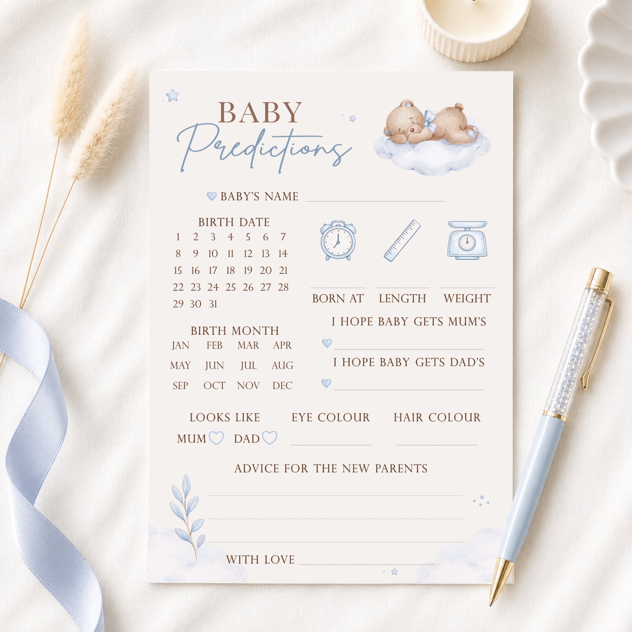 Blue Teddy Bear Baby Shower Prediction Card on cream fabric with blue ribbon and luxury pen, A6 baby boy keepsake game.