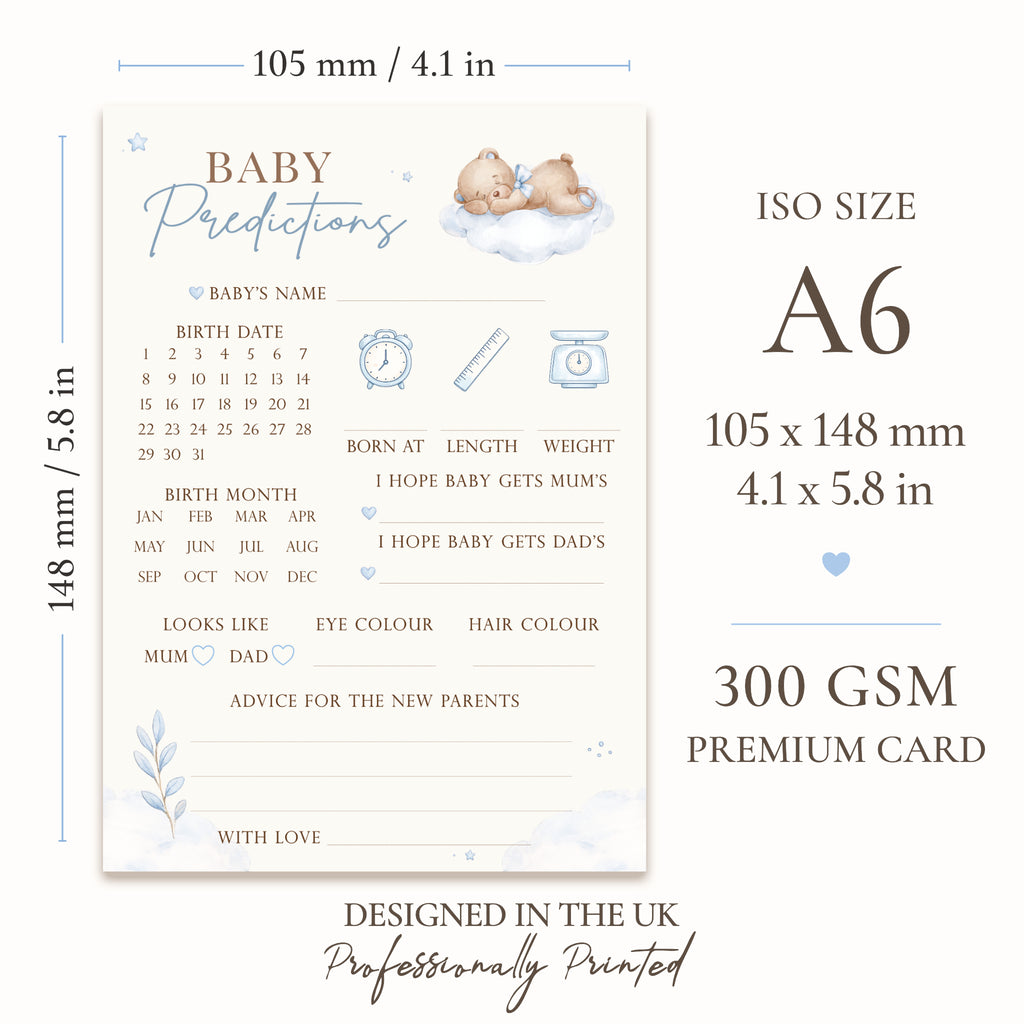 Blue Teddy Bear Baby Prediction Card size guide showing ISO A6 dimensions 105 x 148 mm printed on premium writable card.