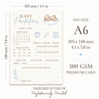 Blue Teddy Bear Baby Prediction Card size guide showing ISO A6 dimensions 105 x 148 mm printed on premium writable card.