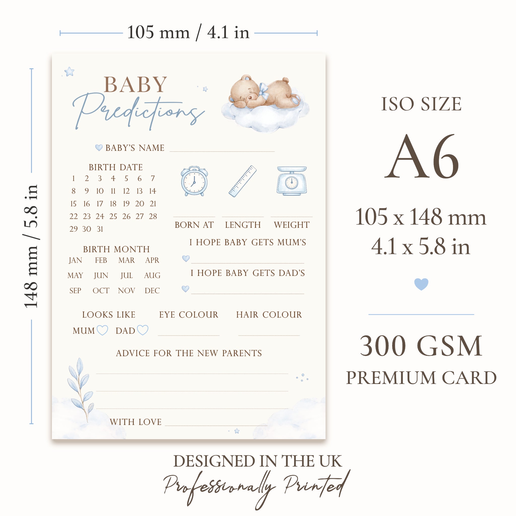 Blue Teddy Bear Baby Prediction Card size guide showing ISO A6 dimensions 105 x 148 mm printed on premium writable card.