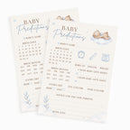 Two Blue Teddy Bear Baby Prediction Cards displaying premium A6 baby shower keepsake game printed in the UK.