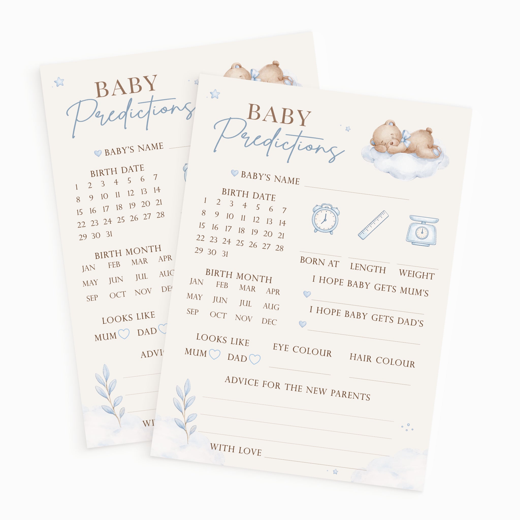 Two Blue Teddy Bear Baby Prediction Cards displaying premium A6 baby shower keepsake game printed in the UK.