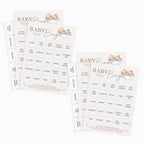 Three Baby Bingo game cards and matching tabs shown on a clean white background. The cards feature a soft cream background with blue-gray decorative text reading 'BABY Bingo' and small illustrations of teddy bears and clouds.