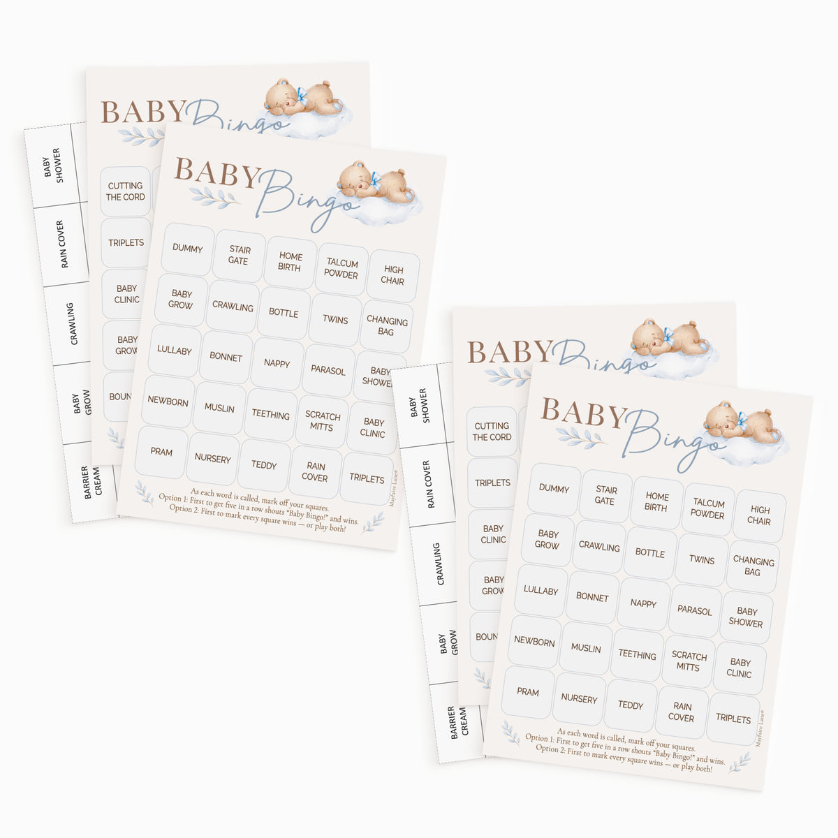 Three Baby Bingo game cards and matching tabs shown on a clean white background. The cards feature a soft cream background with blue-gray decorative text reading 'BABY Bingo' and small illustrations of teddy bears and clouds.
