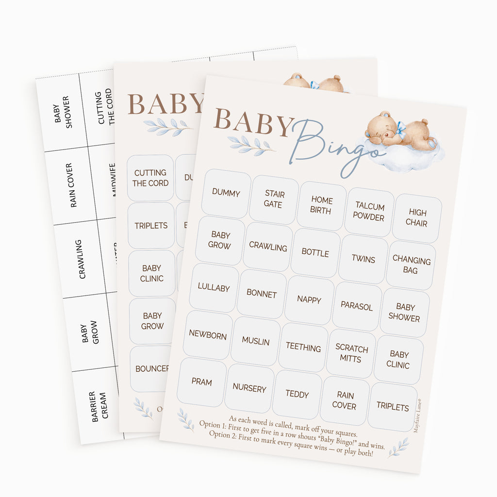 Two printed baby bingo game sheets with illustrated teddy bears and blue floral accents, shown on a clean white background.