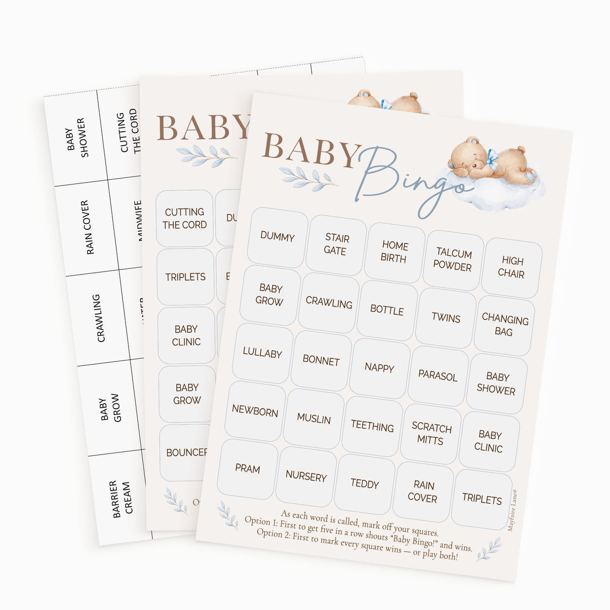 Two printed baby bingo game sheets with illustrated teddy bears and blue floral accents, shown on a clean white background.