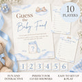 Blue teddy bear Guess the Baby Food baby shower game for 10 players with sign, scorecards and six numbered jar stickers