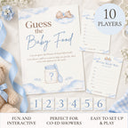 Blue teddy bear Guess the Baby Food baby shower game for 10 players with sign, scorecards and six numbered jar stickers