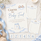 Blue teddy bear Guess the Baby Food game set for a baby boy shower with A4 sign, A6 scorecards and six numbered stickers