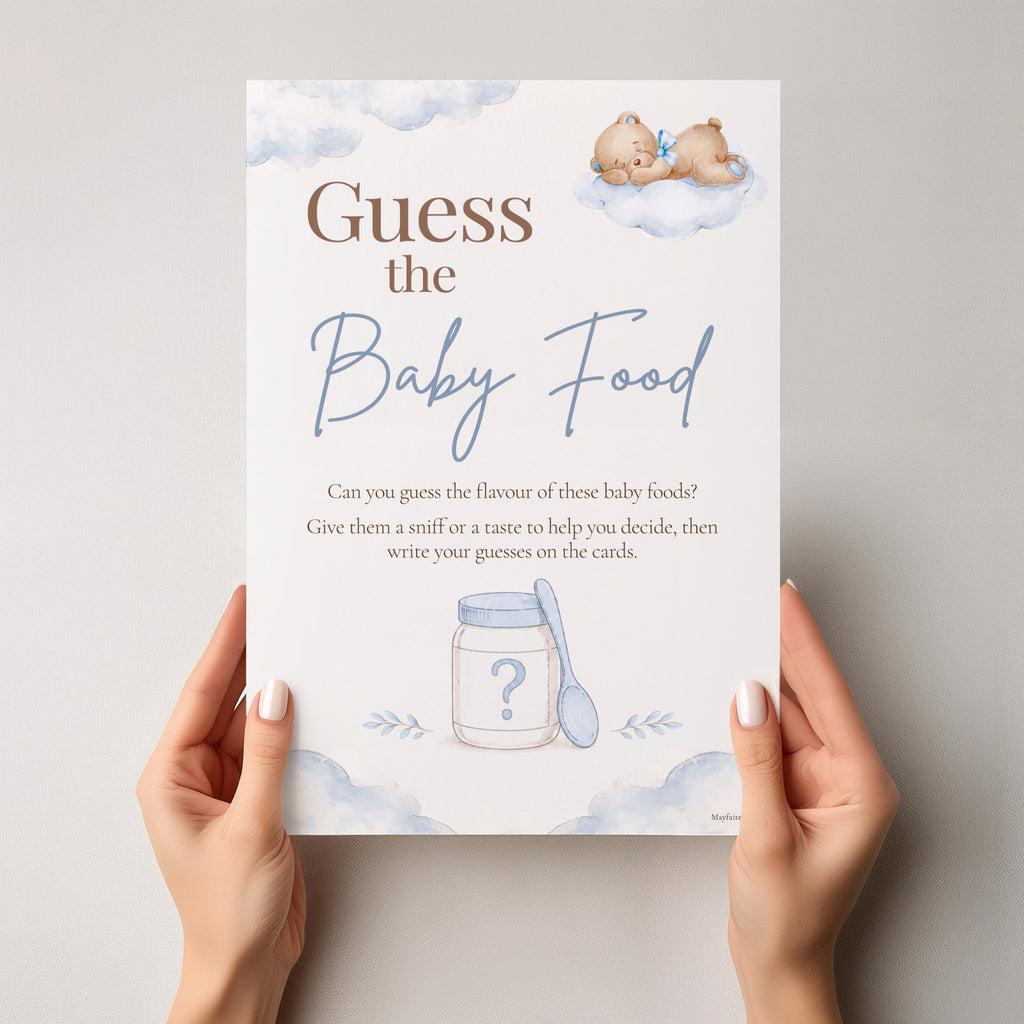A4 blue teddy bear Guess the Baby Food game sign for a baby boy baby shower
