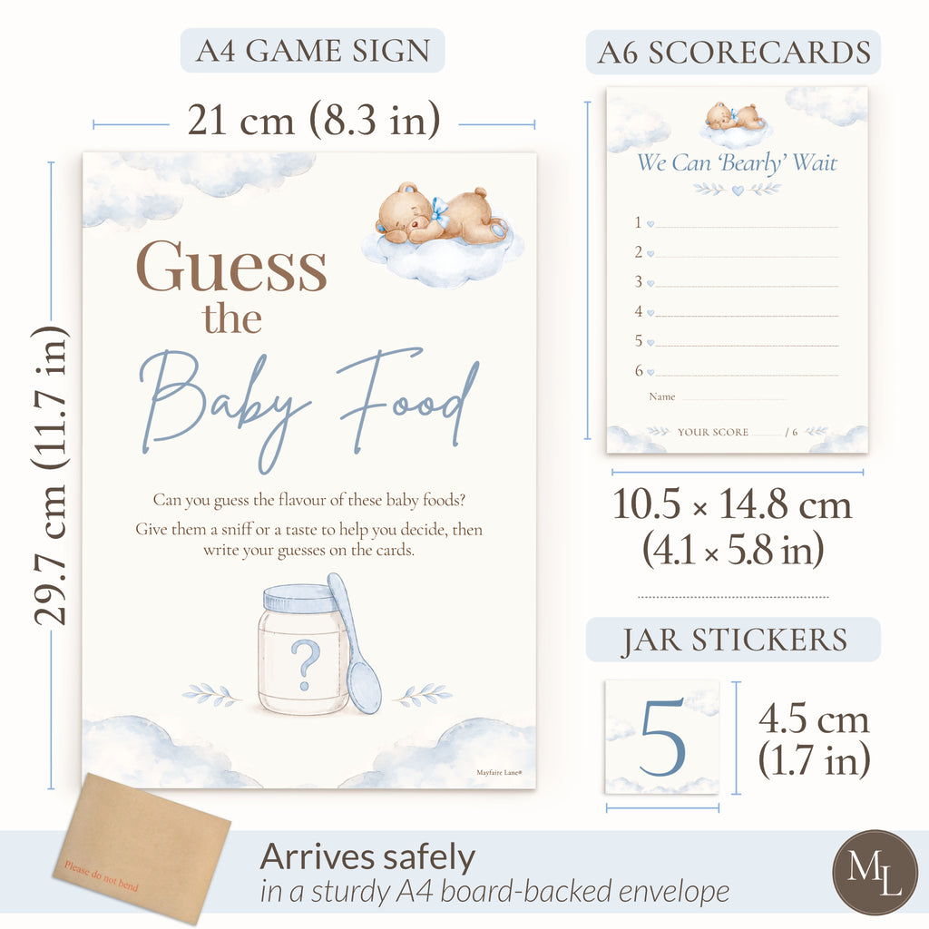 Blue Guess the Baby Food baby shower game size guide with A4 sign, A6 scorecards and 45 mm jar stickers