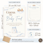 Blue Guess the Baby Food baby shower game size guide with A4 sign, A6 scorecards and 45 mm jar stickers