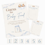 Blue teddy bear Guess the Baby Food printed game with A4 sign, guest scorecards and six numbered baby food jar stickers