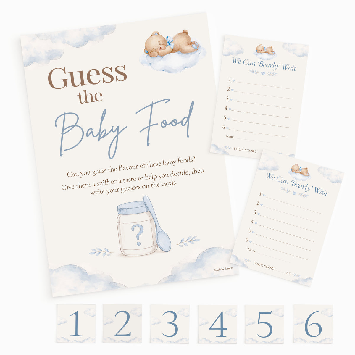 Blue teddy bear Guess the Baby Food printed game with A4 sign, guest scorecards and six numbered baby food jar stickers