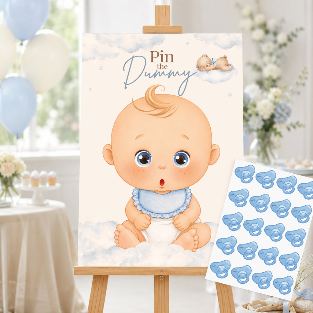 Blue teddy bear Pin the Dummy baby shower game displayed on wooden easel with A2 poster at blue and cream teddy themed baby shower.