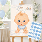 Blue teddy bear Pin the Dummy baby shower game displayed on wooden easel with A2 poster at blue and cream teddy themed baby shower.
