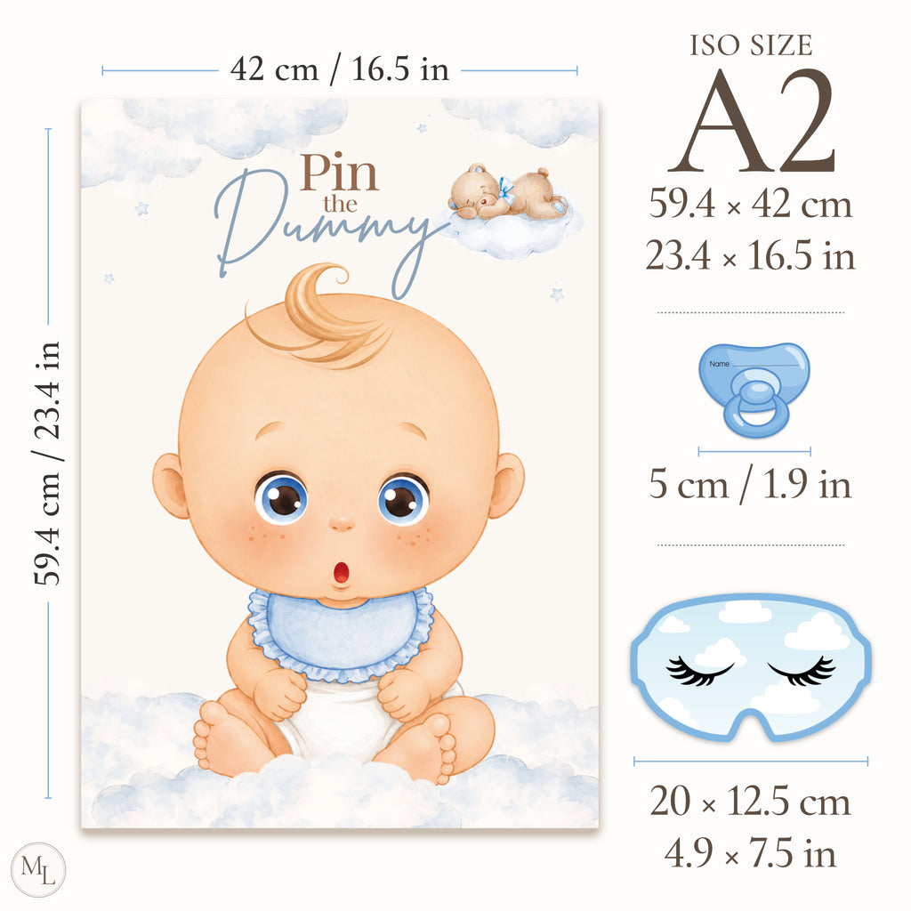 Size guide showing Blue Teddy Bear Pin the Dummy A2 poster dimensions with matching blindfold and dummy sticker sizes.