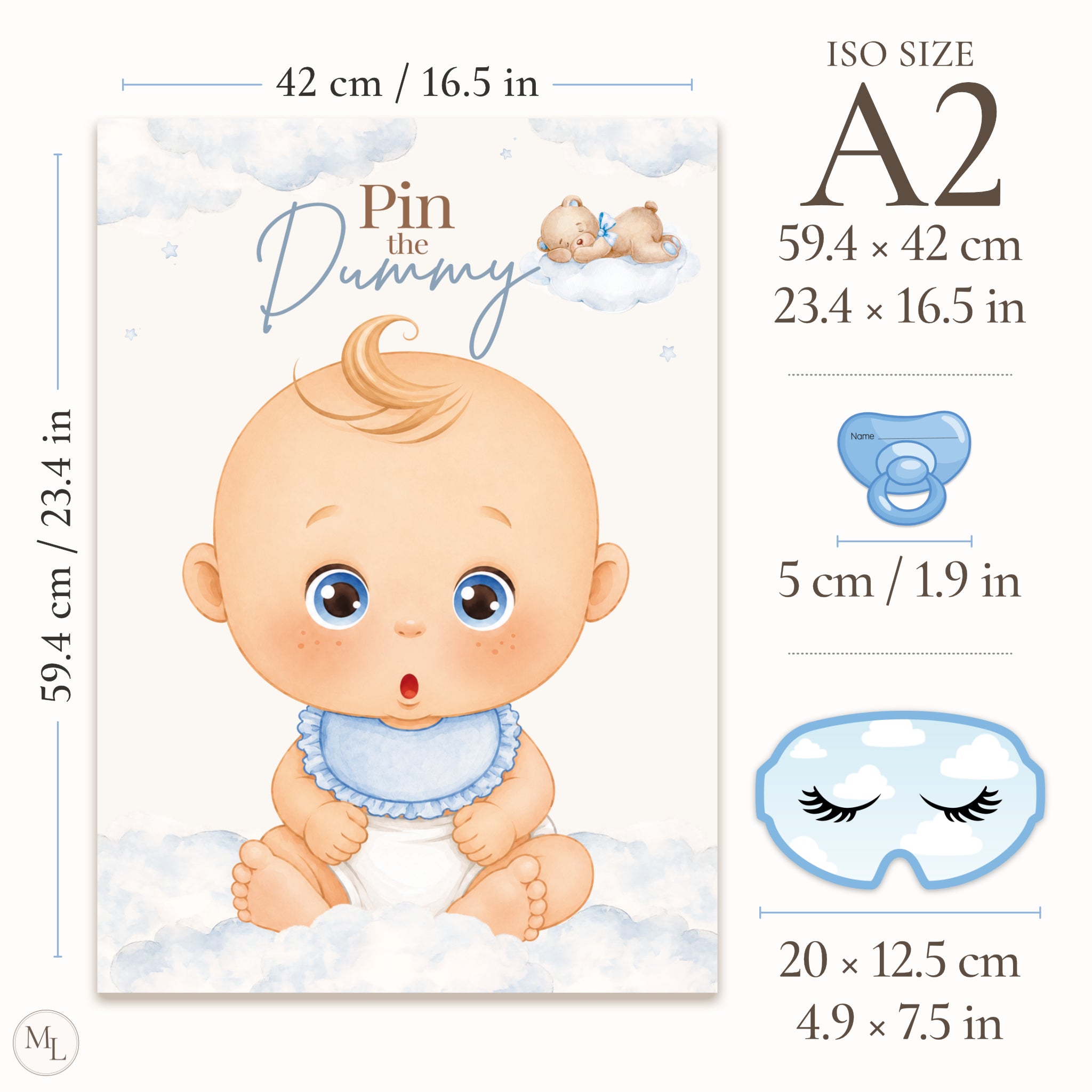 Size guide showing Blue Teddy Bear Pin the Dummy A2 poster dimensions with matching blindfold and dummy sticker sizes.