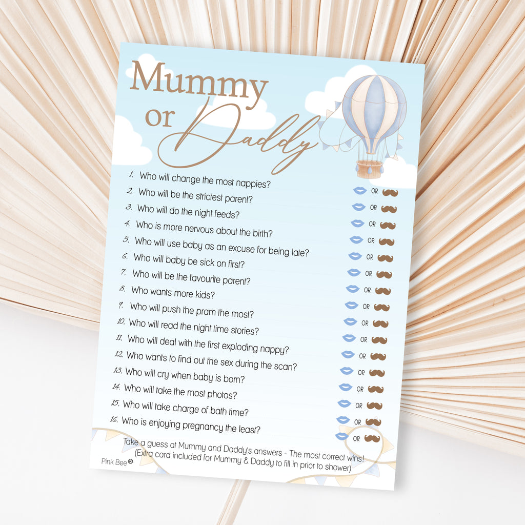 Mummy or Daddy Baby Shower Game – Blue Hot Air Balloon Theme Up and Away